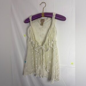 Ivory Lace Ruffled Babydoll Coquette Ethereal Sleeveless Cardigan Blouse Size M